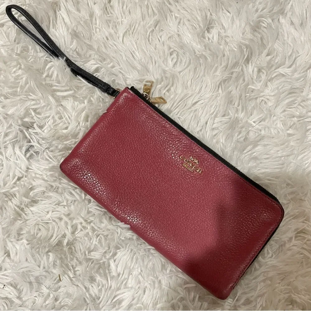 Coach Color Block Rouge Creme Pebbled Leather Large Double Zip Wristlet Wallet